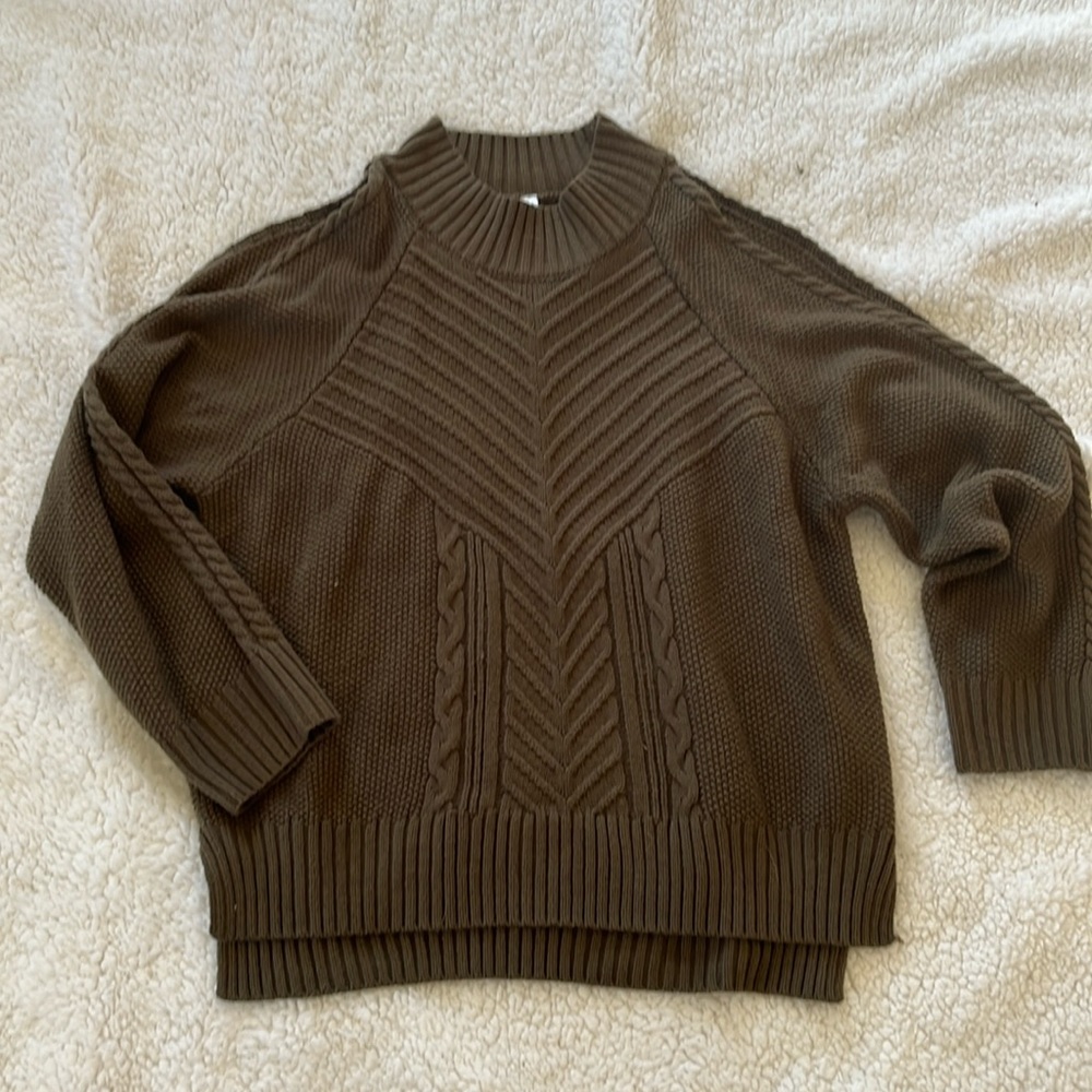 Gorgeous olive green cable knit open shoulder mock neck sweater